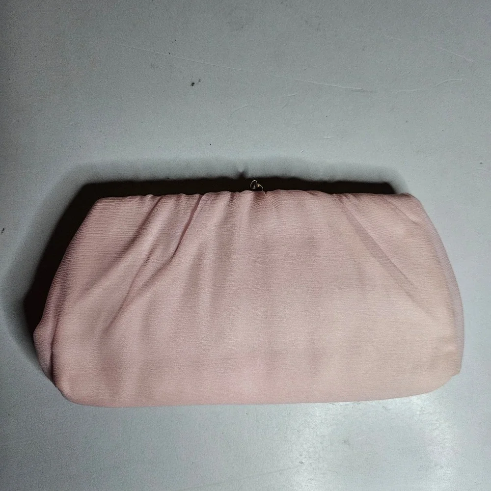 Vintage HL USA Blush Pink Chiffon Evening Clutch Bag Gold Chain Strap Wedding